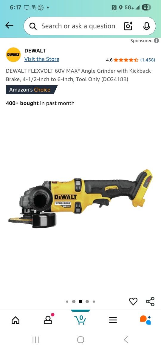 DEWALT FLEXVOLT 60V MAX* Angle Grinder with Kickback Brake, 4-1/2DEWALT FLEXVOLT 60V MAX* Angle Grinder with Kickback Brake,-Inch to 6-Inch, Tool Only