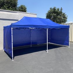 $240 (New) Heavy duty 10x20 ft canopy (with 4 sidewalls) ez pop up outdoor party tent w/ carry bag (white/blue) 