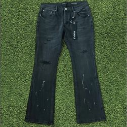 Purple-Brand Flare Distressed Paint Splatter Jeans Black.