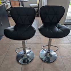 2 Used Black Leather Shell Back Adjustable Swivel Bar Stools 