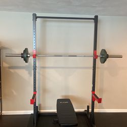 Full Weight Bench Set With Weight Plates, Bench, Clips, Bar And Spotter Arms