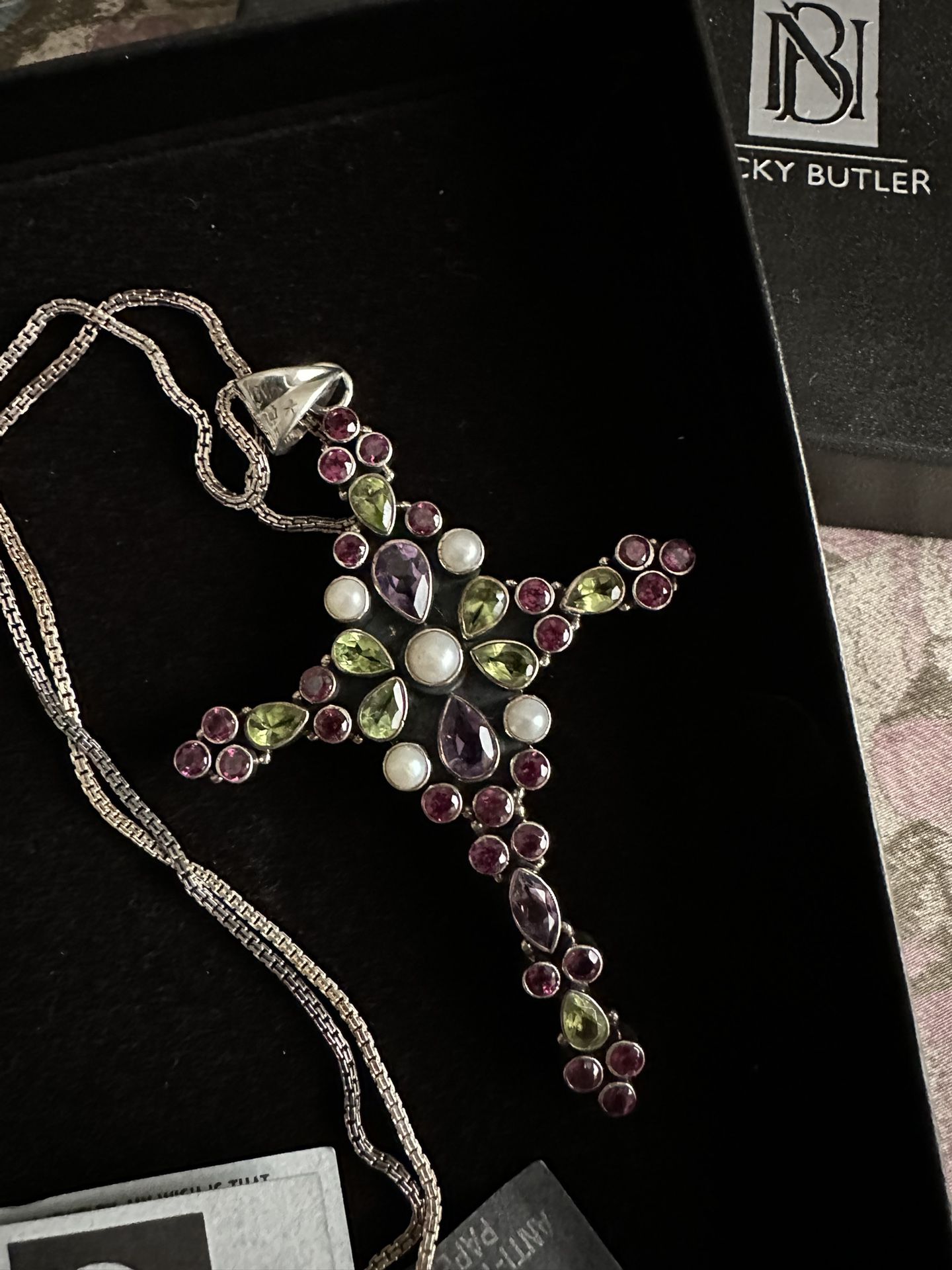 Nicky Butler 3.25” Sterling Silver Multi Gemstone Cross With 17” Necklace 