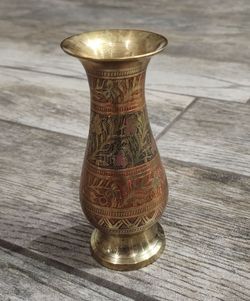 Vintage 6" etched floral brass vase
