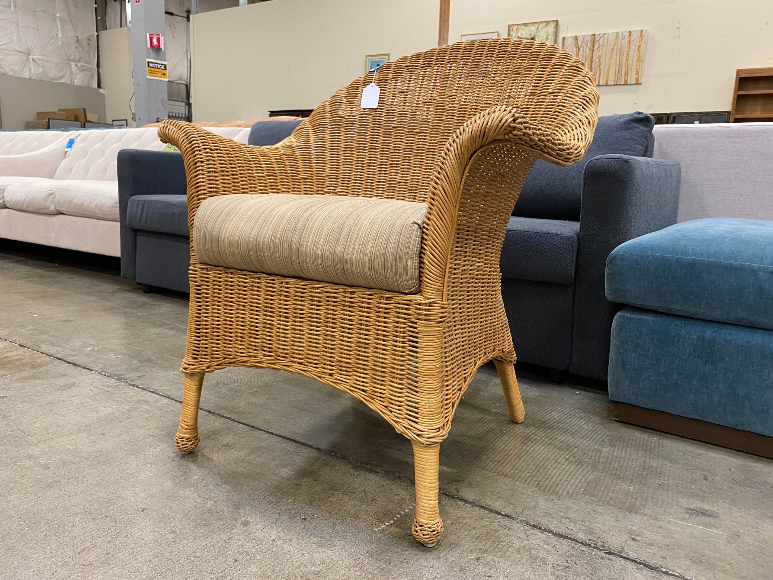 Wicker Chair with Striped Cushion