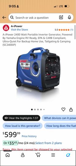 A-iP Watt Portable Inverter Generator, Powered By Yamaha Engine RV Ready, EPA & CARB Compliant, Ultra-Quiet For Backup Home Use, Tailgating & Camping 