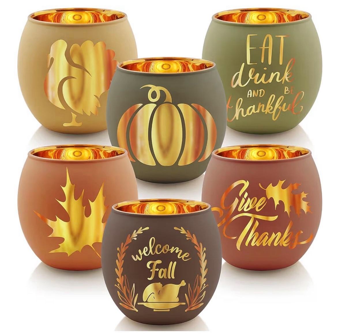 Thanksgiving Fall Autumn Votive Candle Holder Set of 6 Glass Laser Cut Tealight Candle Holders