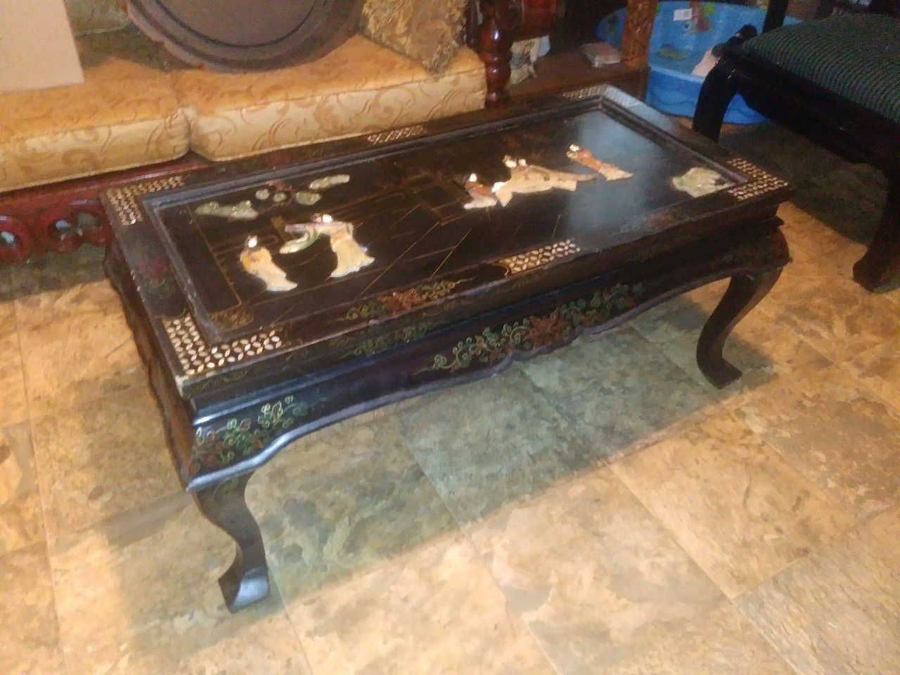 Antique 1950s hand made Asian coffee table with folding legs jade Pearl inlay good condition 680