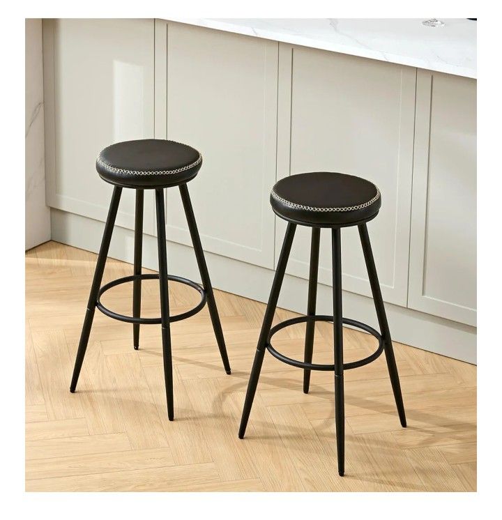 Bar Stools Set of 2, Swivel Backless 28" Counter Height Bar Stools for Kitchen Island, Faux Leather Counter Stools (Black, 2 PCS 28'' Height)