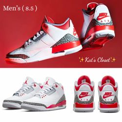 NIKE Air Jordan 3 'Fire Red' in White/Red/Grey, Size: 8.5 (MEN’S)