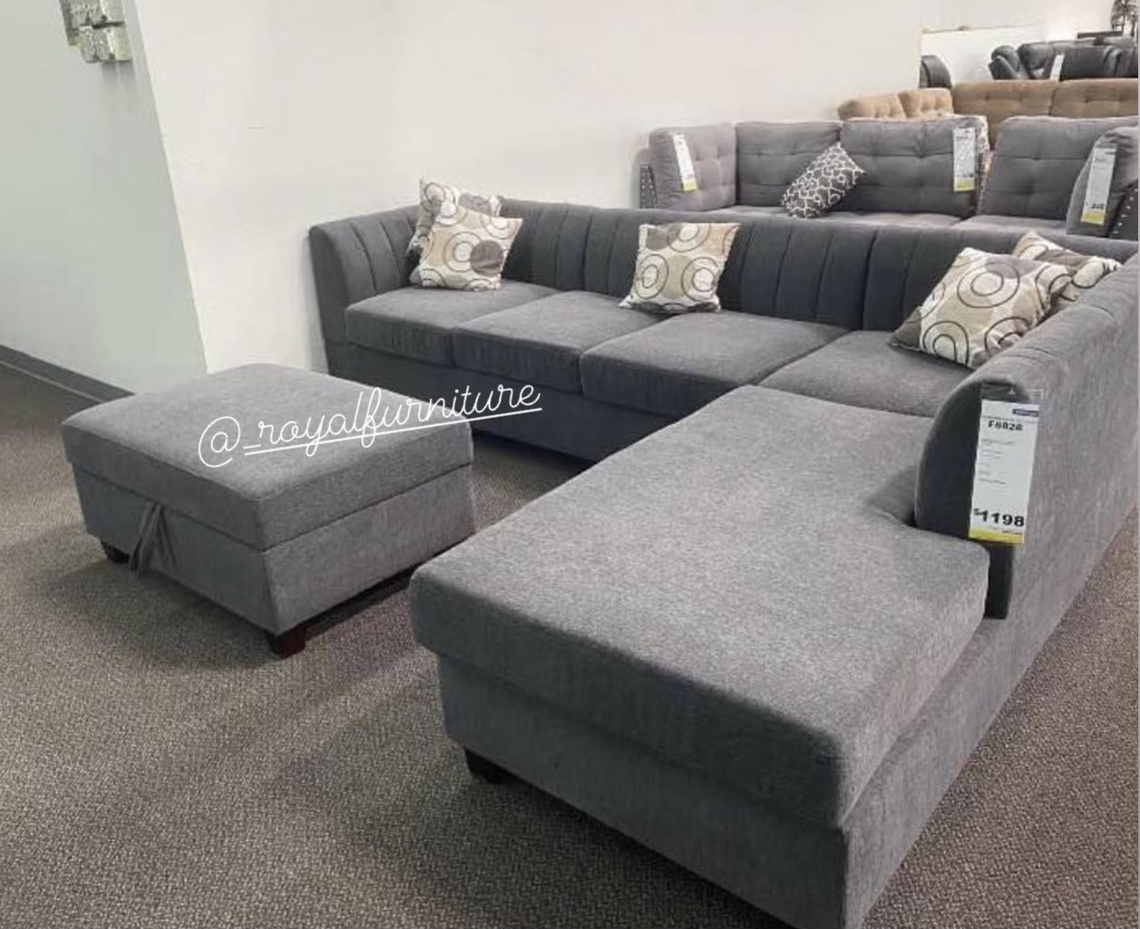 CHARCOAL SECTIONAL SET WITH STORAGE OTTOMAN 