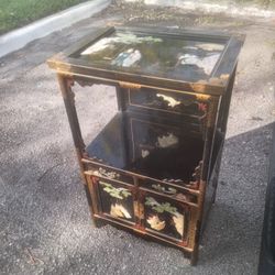 Mid Century Black Lacquer Asian Chinoiserie Cabinet. Hand made and painted ON SALE NOW!