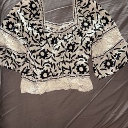 Christian Siriano Boho Ikat Crochet Lace Insert Blouse XS