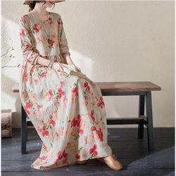 Casual Loose Long Sleeve Crewneck Boho Floral Tshirt Dress Retro Fall Tunic Maxi Dresses