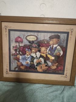 Wood Frame  Pic  Of Bears On Sofa