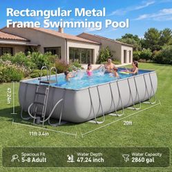 Brand new rectangular backyard swimming pool with cover, including a detachable ladder and filter pump.