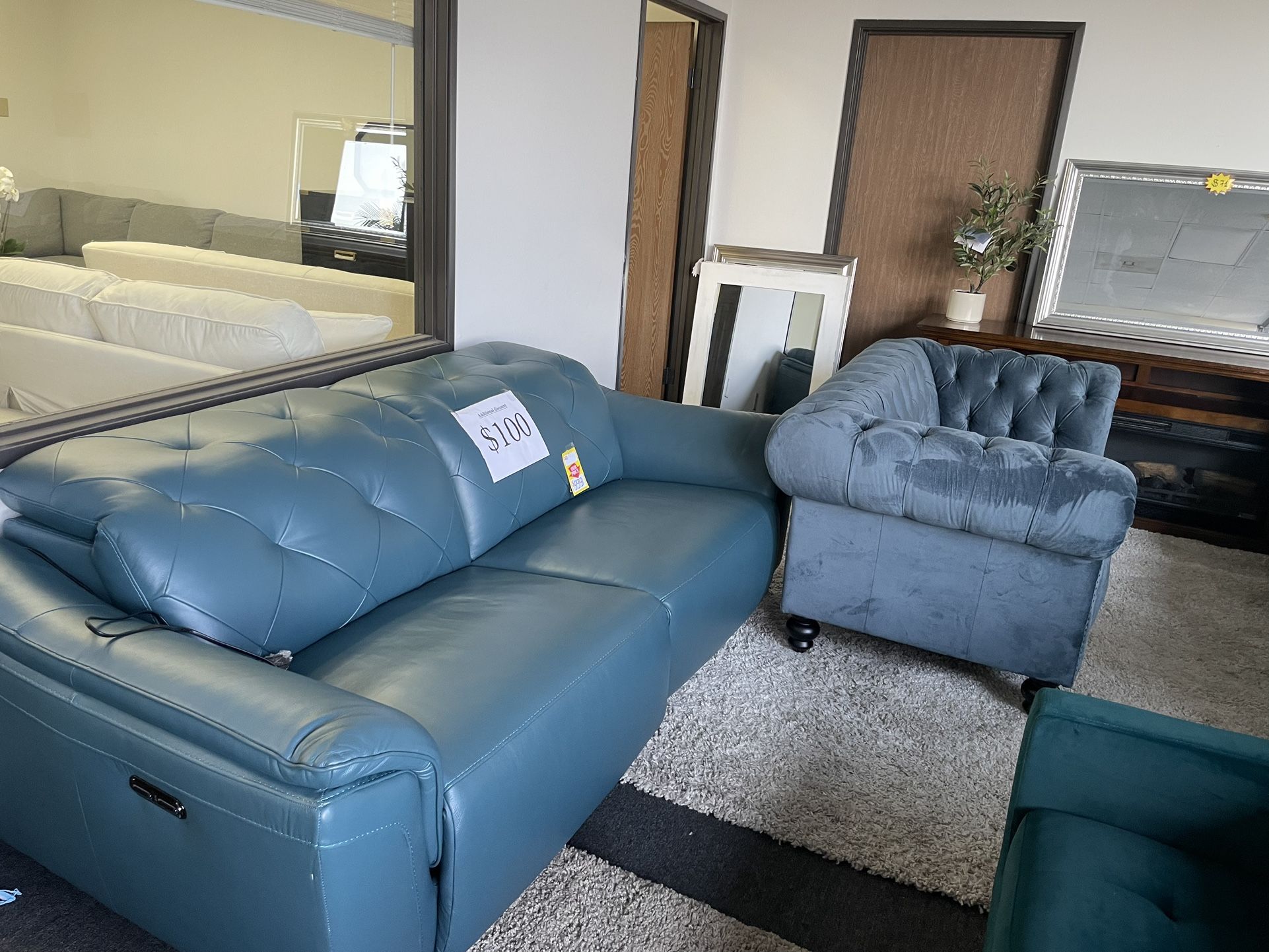 Teal Blue Leather Recliner Sofa