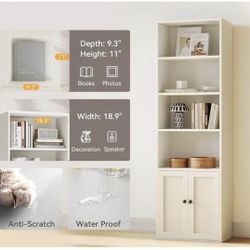 Bookshelf and Bookcase with Doors, Floor Standing 5-Tier Shelf Display Storage Shelves