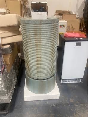 New in Box 44" Tall Large Round Green Ribbed Tower Water Fountain, Verge Bronze, Cement Outdoor Bird