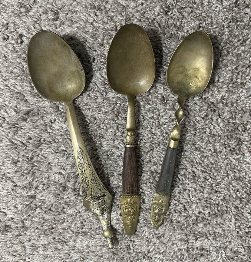 Set Of 3 Vintage Siam Thailand Nickel Bronze Brass And Wood Spoons Flatware
