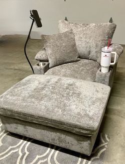 Brand New-Gray Chanel large lounge chair with Large Ottoman/ Phone Holder/ USB Port/ Arm Storage