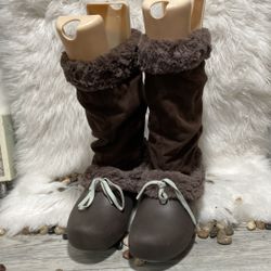 Crocs brown tall fur/suede boots light blue accents, size 9 