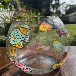 Art Glass FISH Bowl Vase Hand Painted Gold Rim 