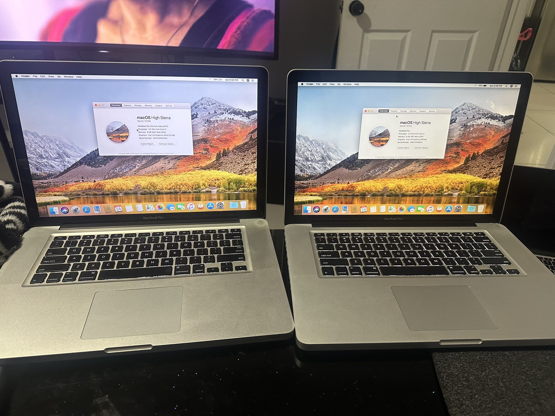Two Apple MacBook Pro’s 15 Inch 2011 2010 A1286