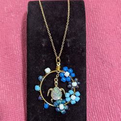 Handmade Turtle & Flower Hoop Necklace – 16” Dangle Beaded Pendant
