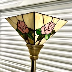 Brass Tiffany style Floor Lamp with Stained Glass Shade.