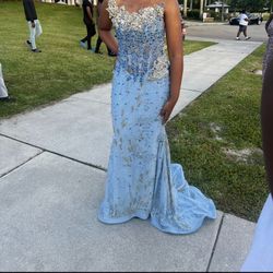 Formal Evening Gown – Blue & Silver Beading