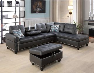 NEW Black Leather Sectional Sofa Couch Include Cup Holders, FREE Storage Ottoman And 2 Pillows 