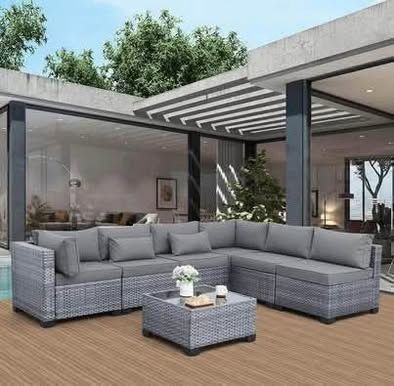 Assembled New Outdoor Patio for Furniture 7Pcs Gray Cushion W/ Mix Gray Wicker