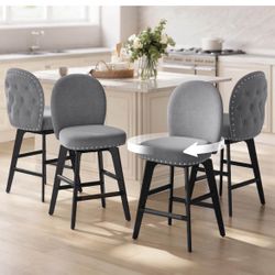 Bar Stools Set of 4, Swivel Counter Height Bar Stools with Back and Wood Legs, Chenille Fabric Upholstered Barstools, 26.2-Inch Tall