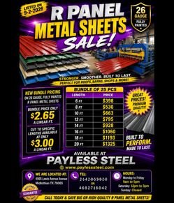 Bundle of 25 pcs of 6ft R panel metal sheets,  26 gauge only $398