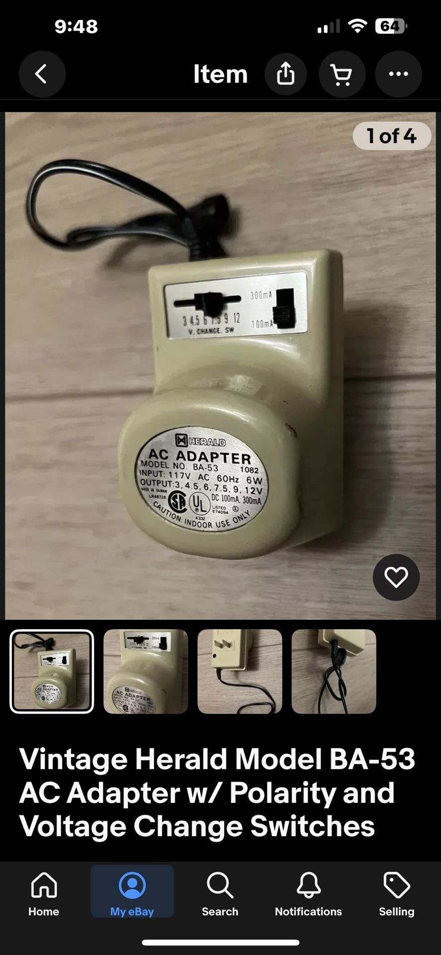 Vintage Herald Model BA-53 AC Adapter w/ Polarity and Voltage Change Switches