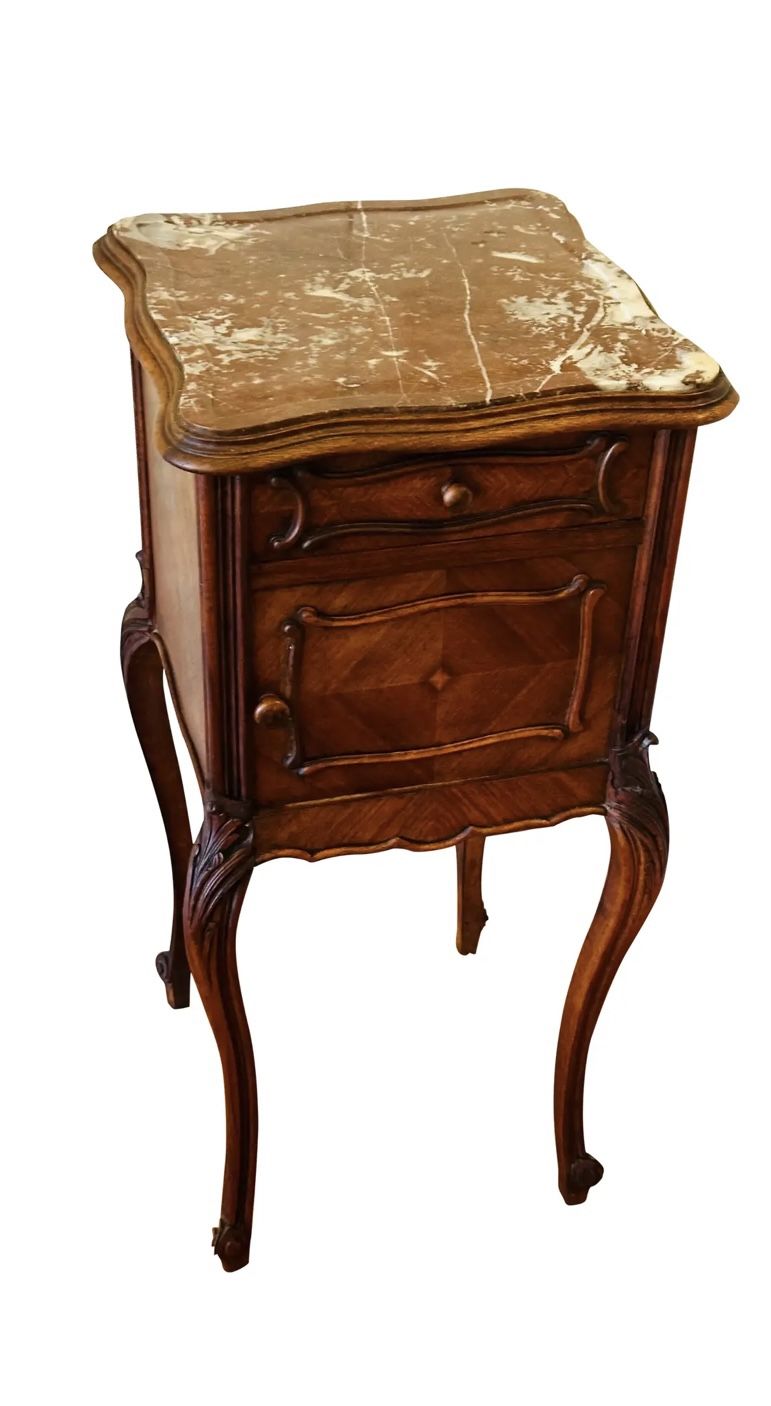 Antique French Louis XV Carved Walnut Nightstand With Marble Top