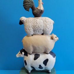 Vintage Stacked Farm Animals Outdoor Carved Wooden Garden Statue 10" Tall