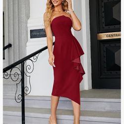 Sexy Elegant Strapless Midi Wedding Guest Dress W rap Ruffle Ruched Bodycon Dresses