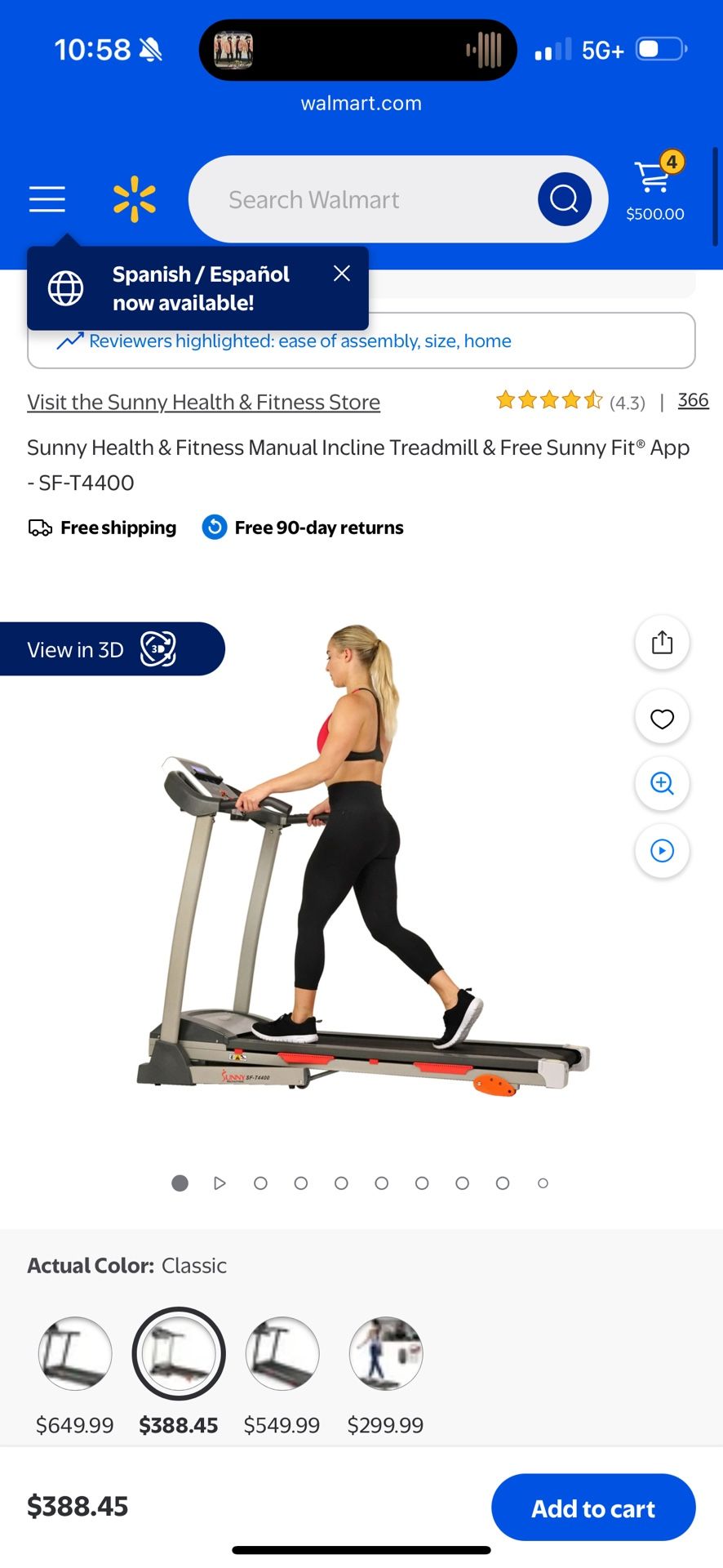 Sunny Health & Fitness Manual Incline Treadmill & Free Sunny Fit® App - SF-T4400