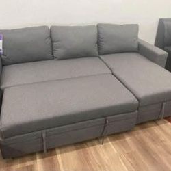 New Gray Sectional With Pull Out Bed And Storage Sofa Couch 