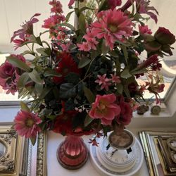 Red Vase with Artificial Flower Arrangement