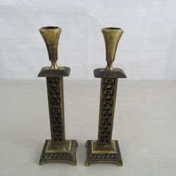 Pair of Solid Brass Judaica Designs Candle Stick Holders 9 1/4" Tall
