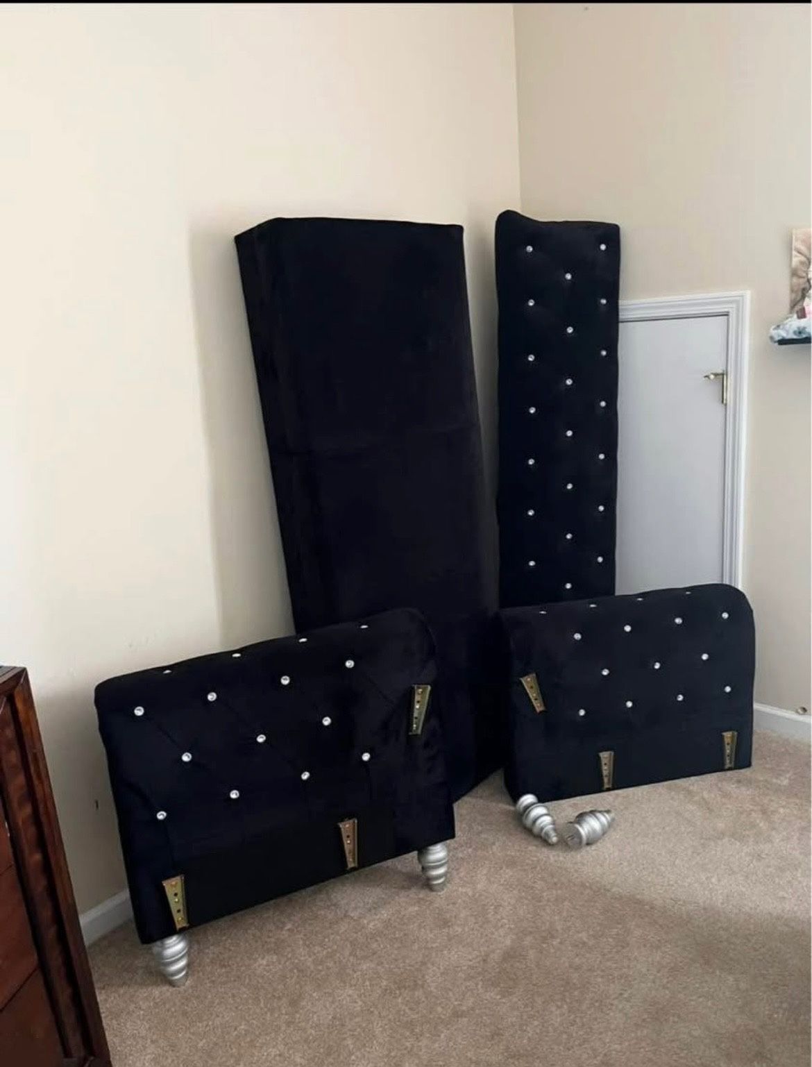 83’ Black Velvet Sofa With Diamond Studs.