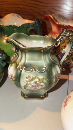 Antique Green Porcelain Pitcher with Floral Detail