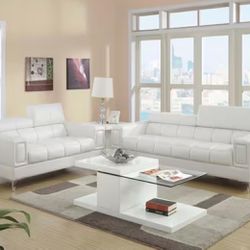 White Faux Leather Living Room 2pc Sofa set Sofa And Loveseat