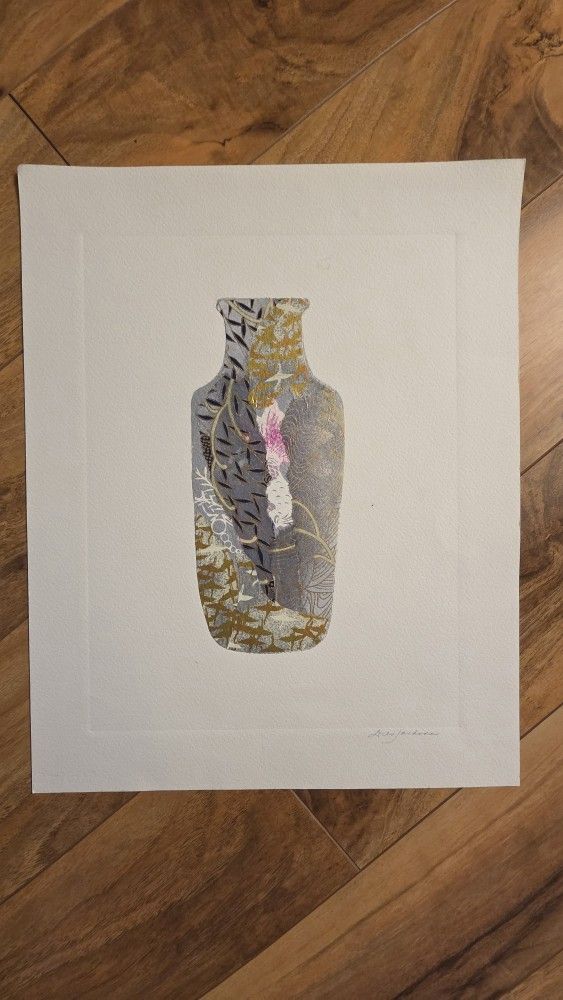 Decorative Vase Mixed Media Artwork – Gray, Gold, and Soft Pink Accents