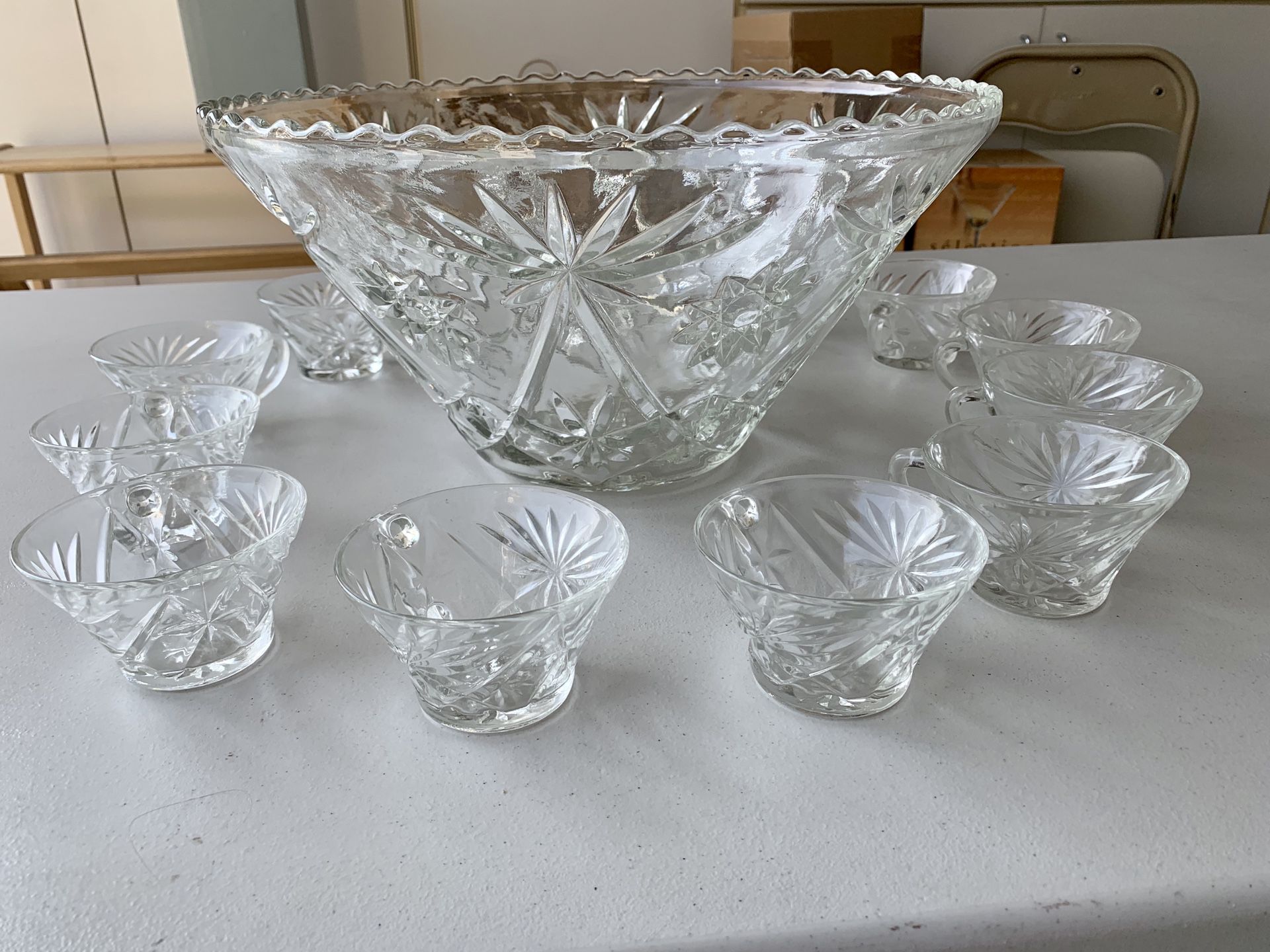 Vintage Crystal “Star of David” Punch Bowl and Cups