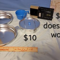 5-Piece Cookware Mess Kit Stainless Steel Camping Fry Pan Plate Cup Pot w/ Lid

Vintage radio $5 does not work
Harlingen near Walmart 

