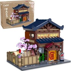 CaDA C66012W Japanese Hot Spring Hotel Building Block Model, 1249 Pieces of Japanese-Style Architecture, Cherry Blossom Garden with Led Warm Light, Co