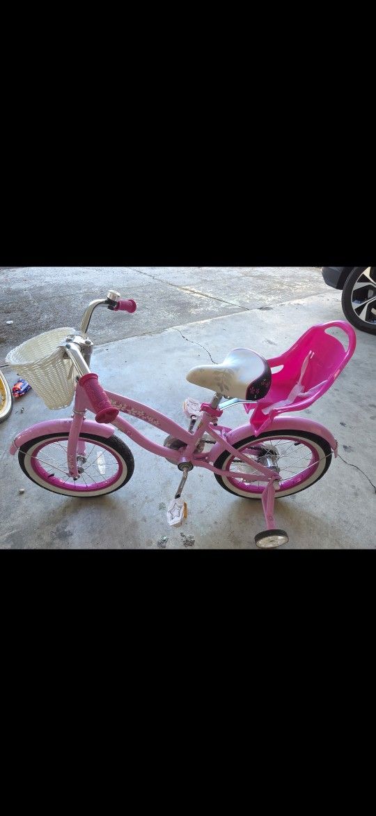 Girls Beach Cruser Bike, With Basket And Baby Doll Carrier